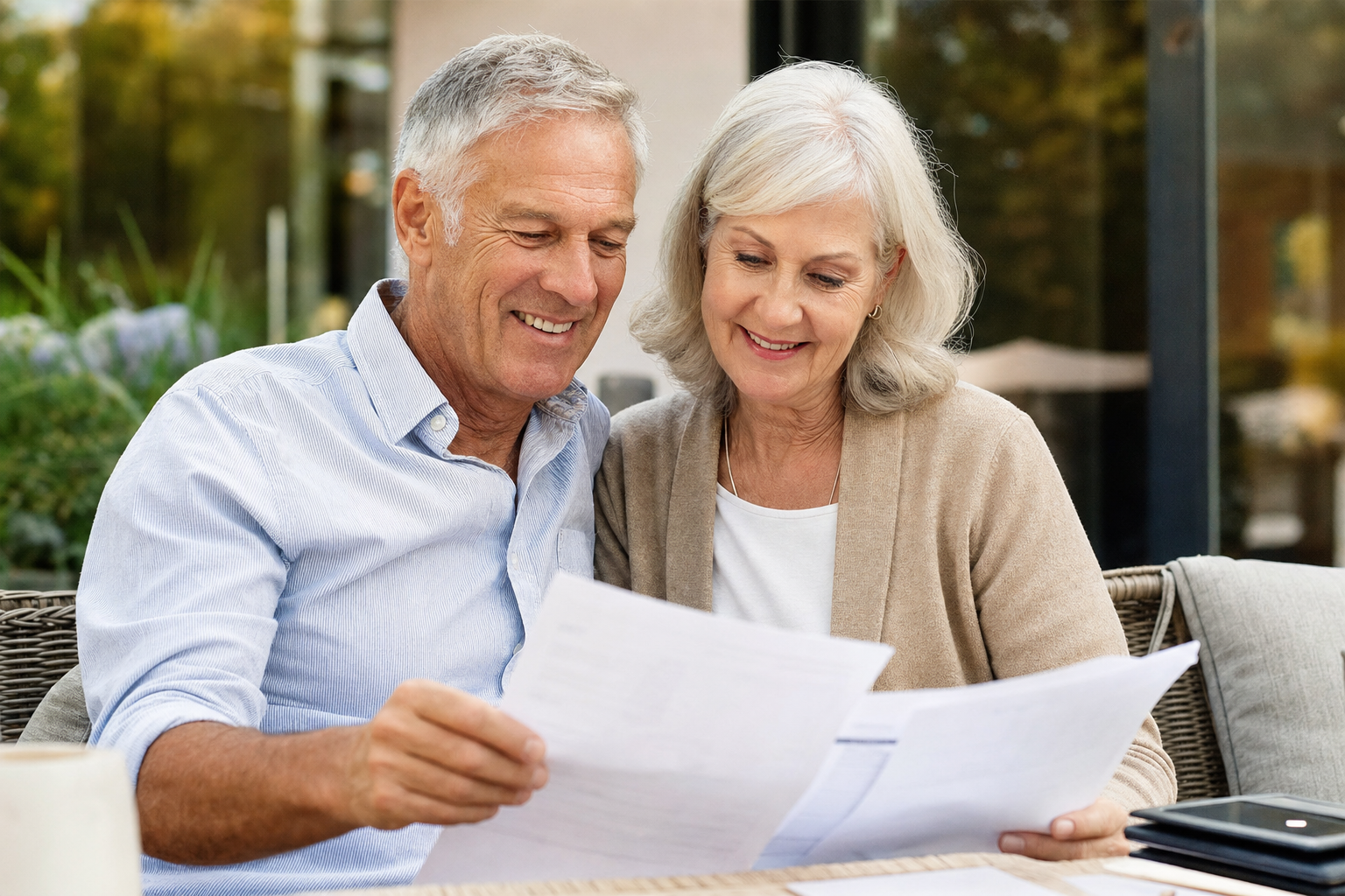 Smiling mature couple reviewing retirement paperwork together outdoors