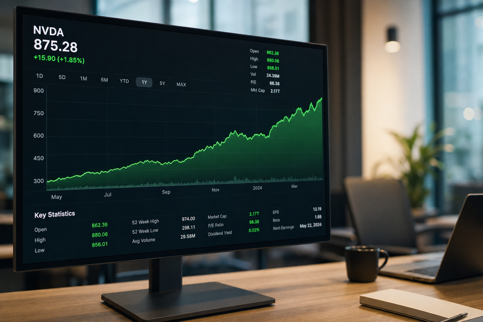 Computer screen displaying an investment growth chart on an office desk
